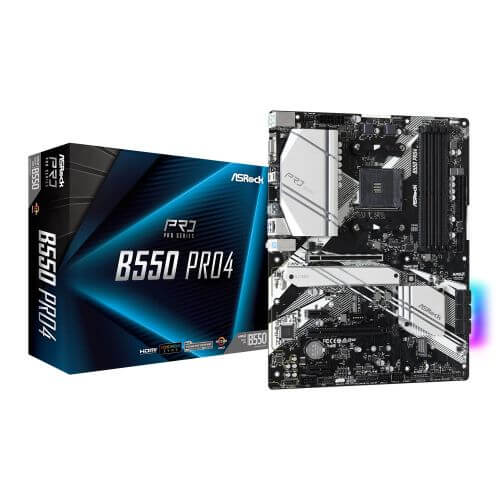 Asrock B550 PRO4, AMD B550, AM4, ATX, 4 DDR4, VGA, HDMI, XFire, PCIe4, RGB Lighting, M.2-3