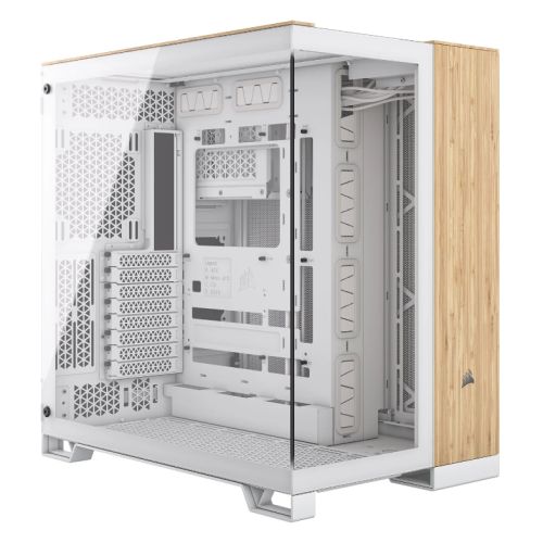 Corsair 6500X Dual Chamber Gaming Case w/ Glass Side & Front, ATX, Mesh Panels, USB-C, Asus BTF Compatible, White/Bamboo Wood-0