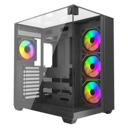 Vida Visio Black ARGB Gaming Cube Case w/ Glass Side, Front & Top, ATX, 4x ARGB Fans, 6-Port Fan Hub & Remote Control, USB-C, Asus BTF Compatible-0