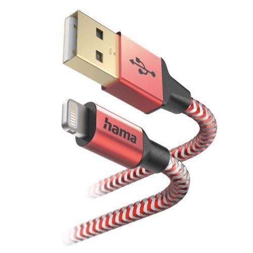 Hama Reflective Charging USB-A to Lightning Cable, 480Mbps, Nylon Sheath, Gold-Plated, 1.5 Metre, Red-0