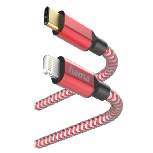 Hama Reflective Charging USB-C to Lightning Cable, 480Mbps, Nylon Sheath, Gold-Plated, 1.5 Metre, Red-0