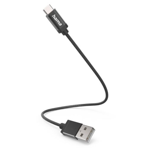 Hama USB-A to USB-C Quick Charging Cable, USB 2.0, Nylon Sheath, 0.2 Metre, Black-0