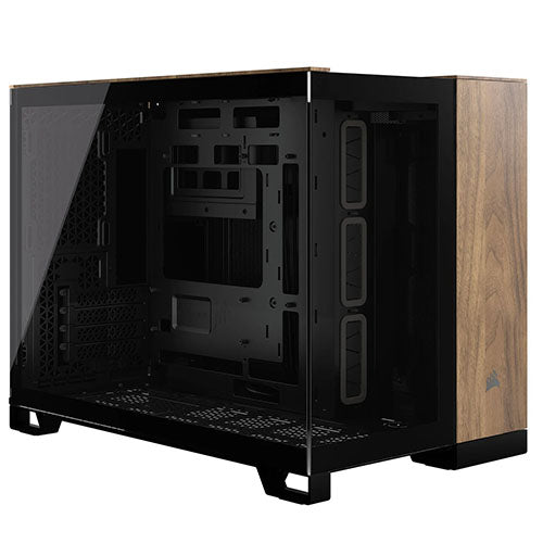 Corsair 2500X Dual Chamber Gaming Case w/ Glass Side & Front, Micro ATX, Mesh Panels, USB-C, Asus BTF Compatible, Black/Walnut Wood-0