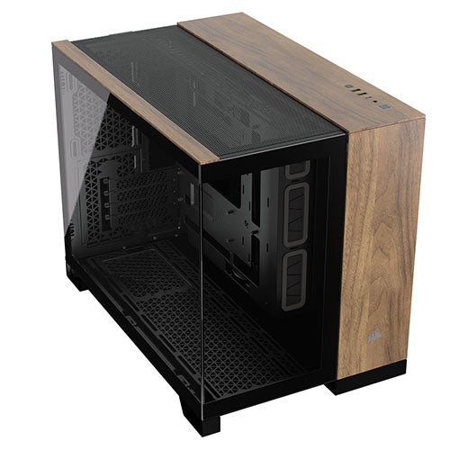 Corsair 2500X Dual Chamber Gaming Case w/ Glass Side & Front, Micro ATX, Mesh Panels, USB-C, Asus BTF Compatible, Black/Walnut Wood-3