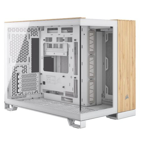 Corsair 2500X Dual Chamber Gaming Case w/ Glass Side & Front, Micro ATX, Mesh Panels, USB-C, Asus BTF Compatible, White/Bamboo Wood-0