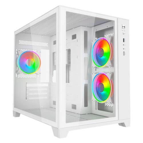 Vida Akira V2 White ARGB Gaming Case w/ Glass Front & Side, Micro ATX, 3x ARGB Fans, 6-Port PWM ARGB Fan Hub & Remote Control-0