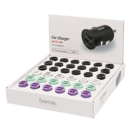 Hama Dual USB-A Car Chargers x36 Multipack, 12W, Various Colours, Display Case-0