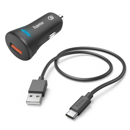 Hama USB-A Fast Charge Car Adapter with USB-C Charging Cable, Qualcomm 3.0, 19.5W, Black-0