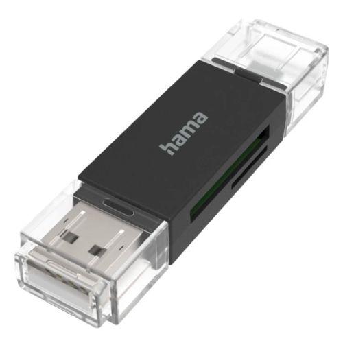 Hama External USB 2.0 OTG Card Reader, USB-A + Micro USB, SD/microSD, Black, USB Powered-0