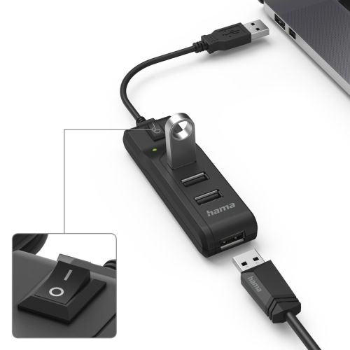 Hama External 4-Port USB 2.0 Hub, USB Powered, On/Off Switch, Black-2