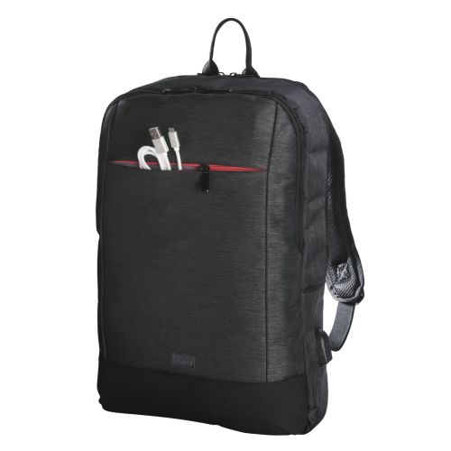 Hama Manchester Laptop Backpack, Up to 15.6", USB Charging Port, Padded Compartment, Organiser, Front Pockets, Trolley Strap, Black-1