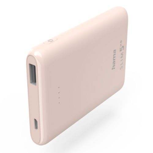 Hama SLIM 5HD 5000mAh Fast Charge Powerbank, 1x USB-A, LED Capacity Indicator, Light Pink-0