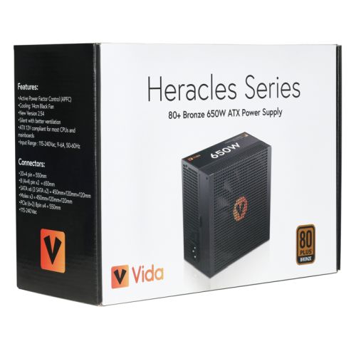 Vida 650W Heracles Black ATX Gaming PSU, 80+ Bronze, 14cm Ultra-Quiet FDM Fan, Flat Black Cables, Power Lead Not Included-5