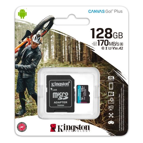 Kingston 128GB Canvas Go! Plus Micro SD Card with SD Adapter, UHS-I Class 10, U3, A2 App Performance, 170MB/s-2