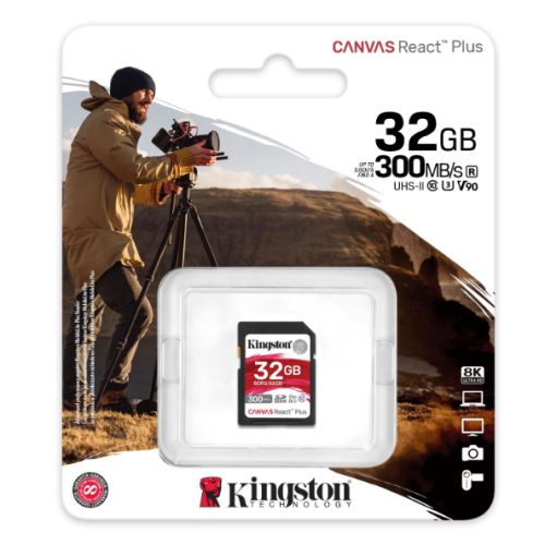 Kingston 32GB Canvas React Plus SD Card, UHS-II Class 10, U3, For 8K/3D/VR Videos/Photos, R/W 300/260MB/s-1