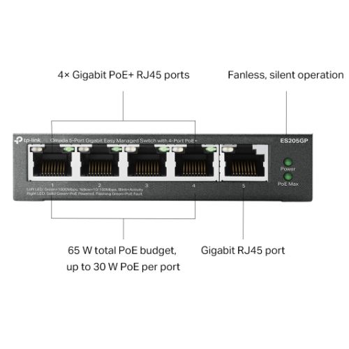 TP-LINK (ES205GP) Omada 5-Port Gigabit Easy Managed Switch with 4-Port PoE+, 5x GB Ports, Metal Casing-5