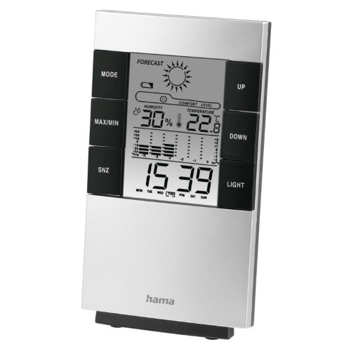 Hama TH-200 LCD Thermo/Hygrometer - Bar Chart Thermometer, Hygrometer, Barometer, Weather Forecast, Date/Time, Alarm, Black/Silver-0