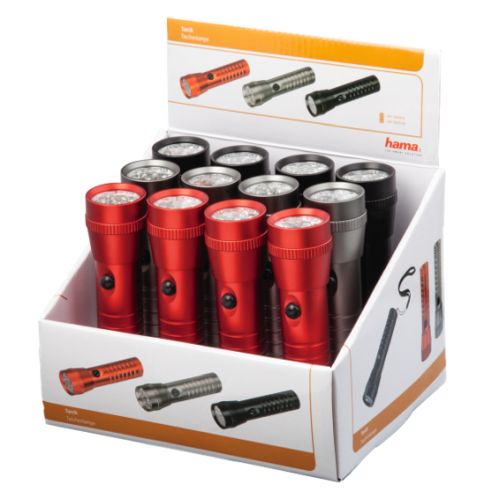 Hama FL-200 LED Torch x12 Multipack, 60 Lumen, Hand Strap, Black/Grey/Red, Display Case-0